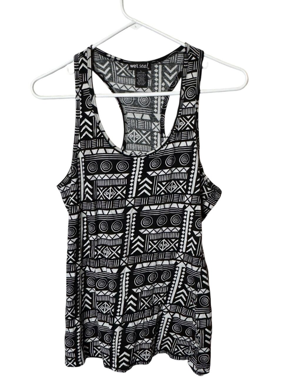 Wet Seal Women's Black and White  Racerback Aztec Print Tank Top Sz L